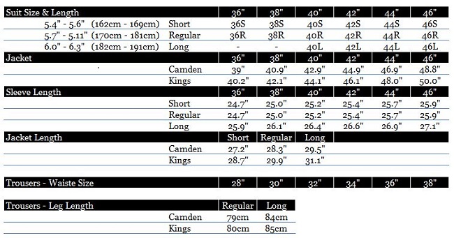 Ben Sherman Suit Size Guide