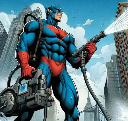 Superhero Holding a Pressure Washer