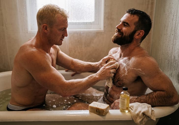 Male Couple Washing Themselves Male Couple Washing Themselves