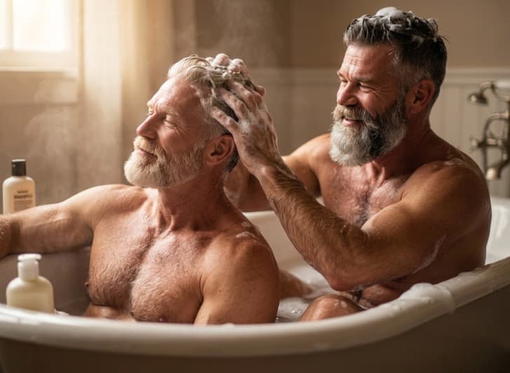Senior Couple Washing Bathing Senior Couple Washing Bathing